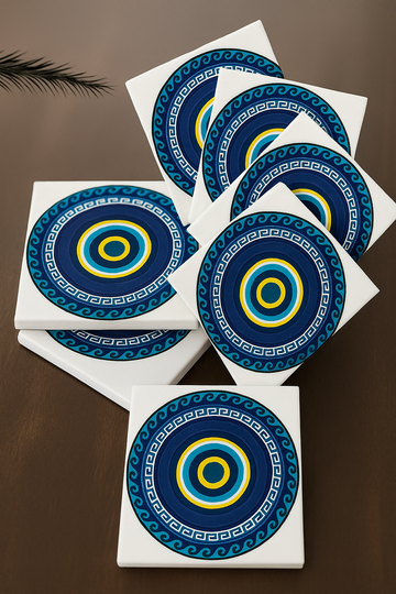Set of six decorative coasters with evil eye patterns on a wooden surface.