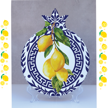 A decorative ceramic trivet with a blue and white geometric pattern around the edge, featuring a central design of yellow lemons and green leaves. Love Your Lemons Decorative Plaque Home - Greek inspirational wall plaque, home or office decor