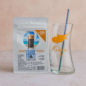 Frappe Nektar instant coffee package with a glass and straws on a light background