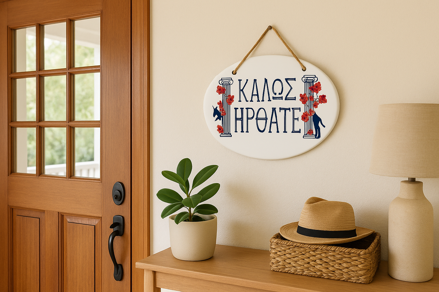 Decorative sign with Greek text hanging on a wall next to a wooden door.