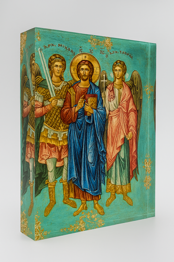 Religious icon design featuring three figures on a teal background. Christ and Archangels Michael and Gabriel