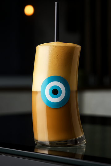 Glass of iced coffee or frappe with a straw and a turquoise evil eye mati on a dark background