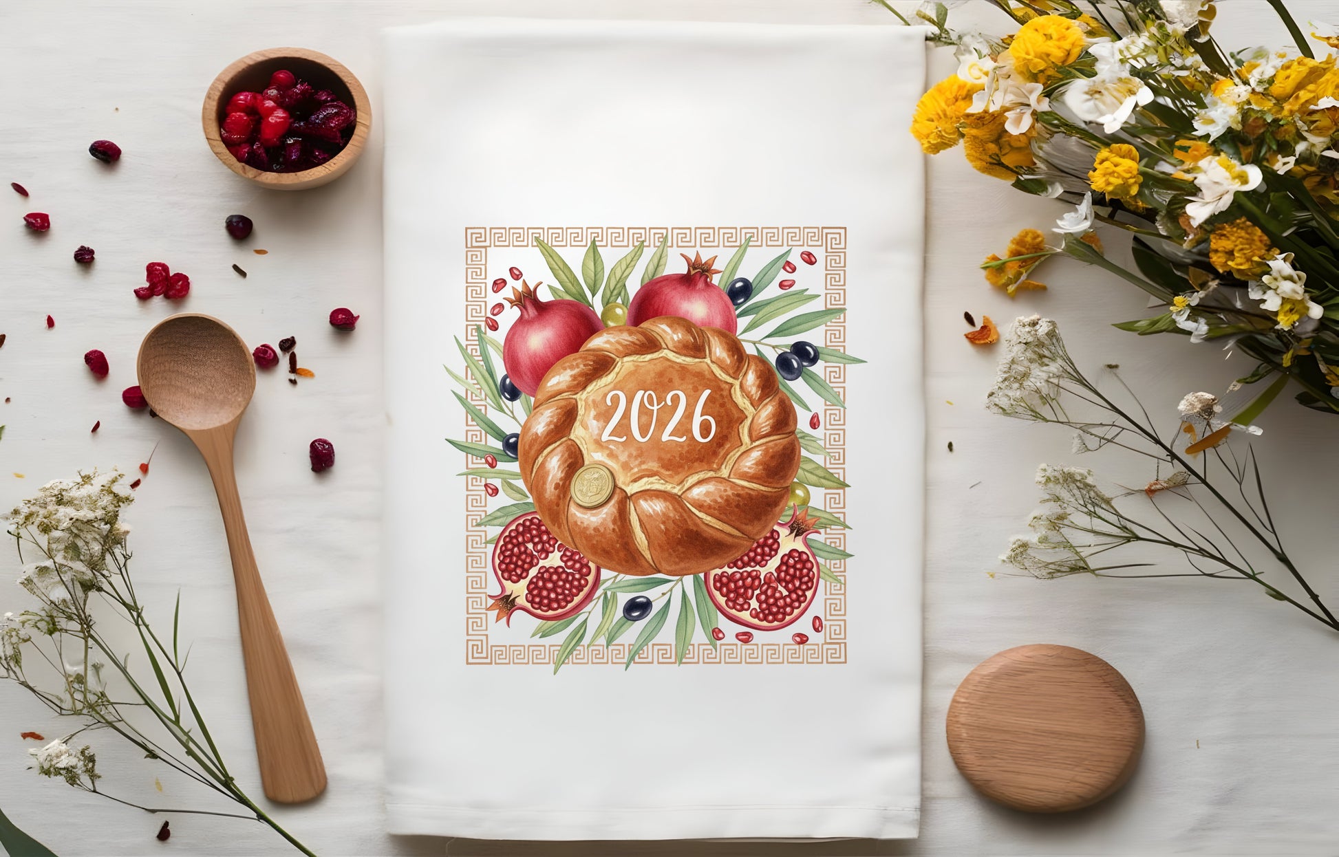 Tea Towel with Pomegranates and Vasilopita. Decorative towel with 2026 design.