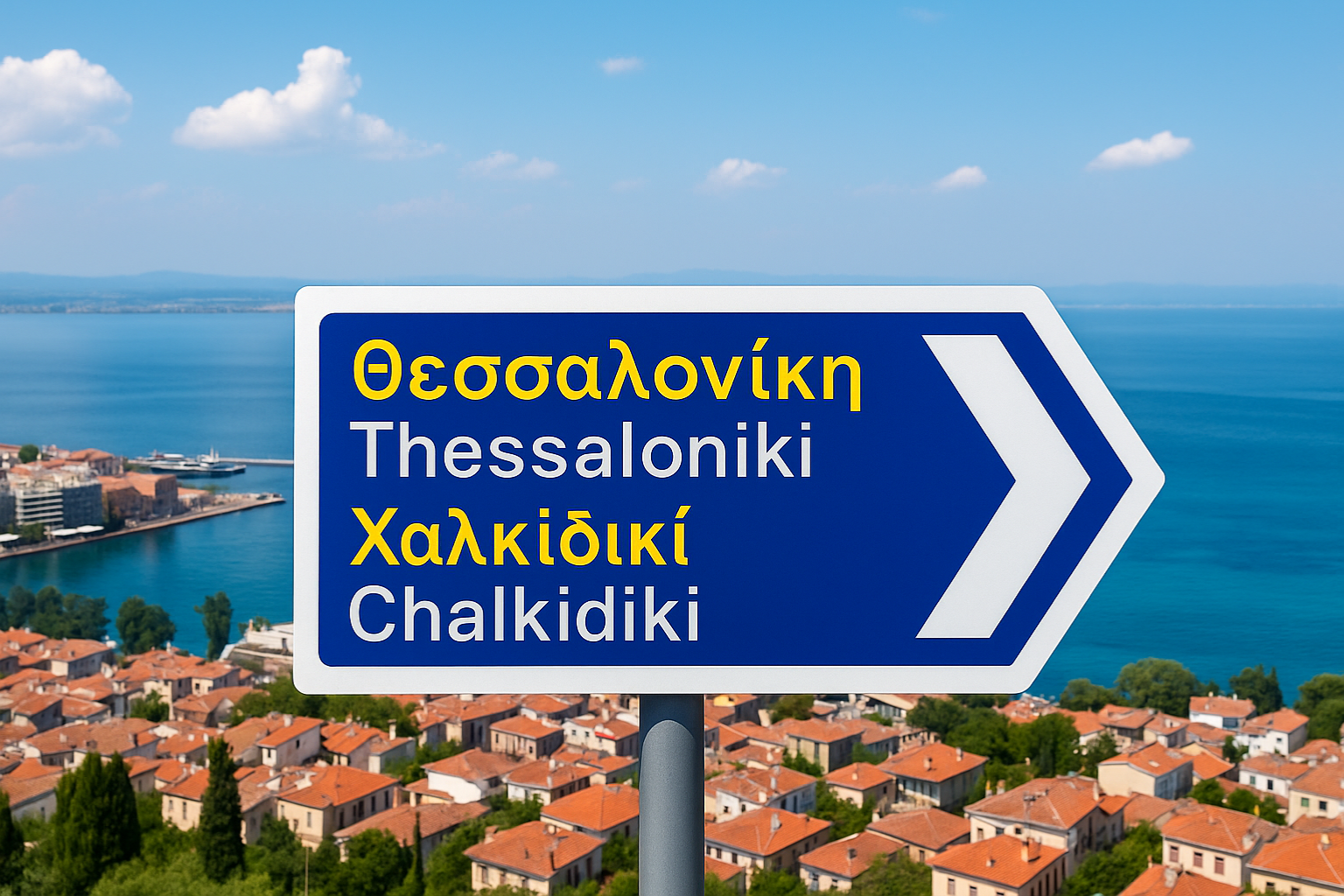 Double‐sided aluminium Greek road sign with arrows pointing both directions, custom Greek town names available.1621243260e1af0c20-0