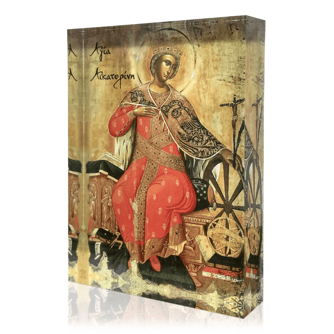 A icon featuring Saint Catherine with a martyr's cross and a wheel, seated on a throne, dressed in a red and gold robe, with a dark background.