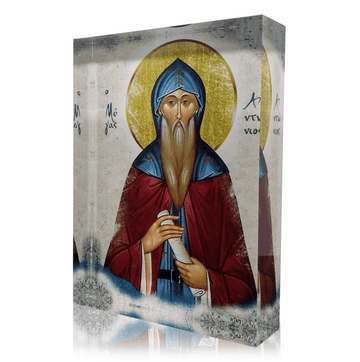 Orthodox icon of Saint Anthony (Antonios). Handmade Greek Monogram Atelier plexiglass icon of the revered desert father and monastic saint, with gold halo and traditional Byzantine style.