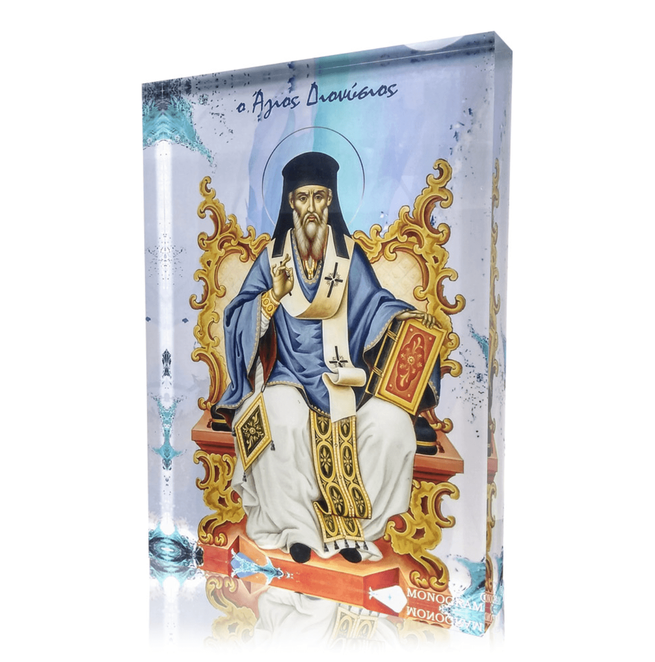 A colorful icon of Saint Dionysios, featuring the figure in a detailed robes seated on a golden throne, set within a plexiglass frame.
