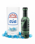 Authentic Greek Ouzo Gift Set featuring Eva ouzo glass, 50ml Ouzo Mytilini bottle, and blue ouzo lollies. Handmade Greek barware gift from Melbourne Greek Shop.