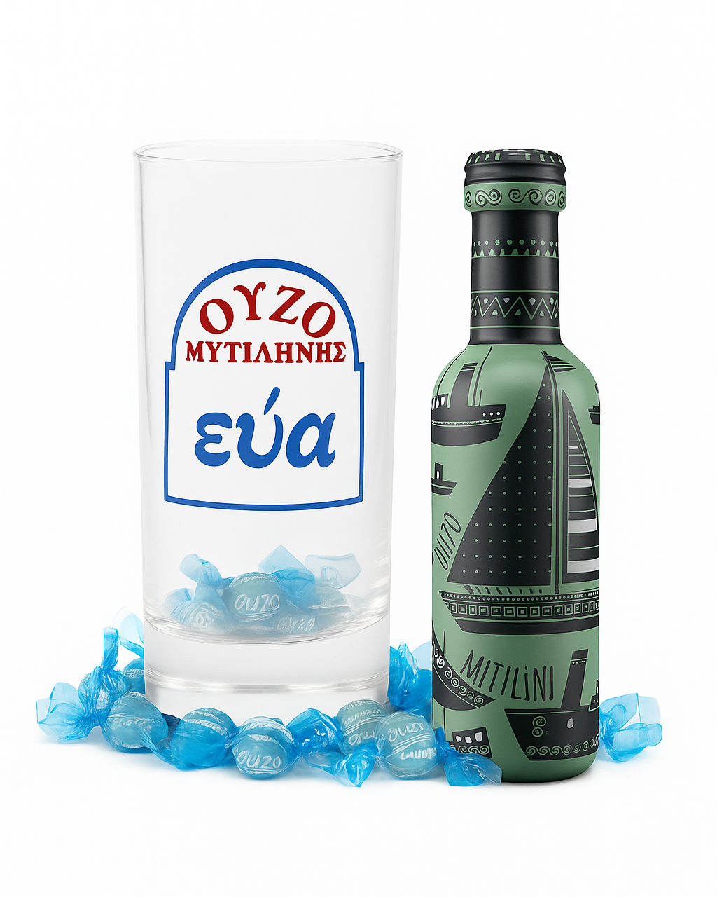 Authentic Greek Ouzo Gift Set featuring Eva ouzo glass, 50ml Ouzo Mytilini bottle, and blue ouzo lollies. Handmade Greek barware gift from Melbourne Greek Shop.