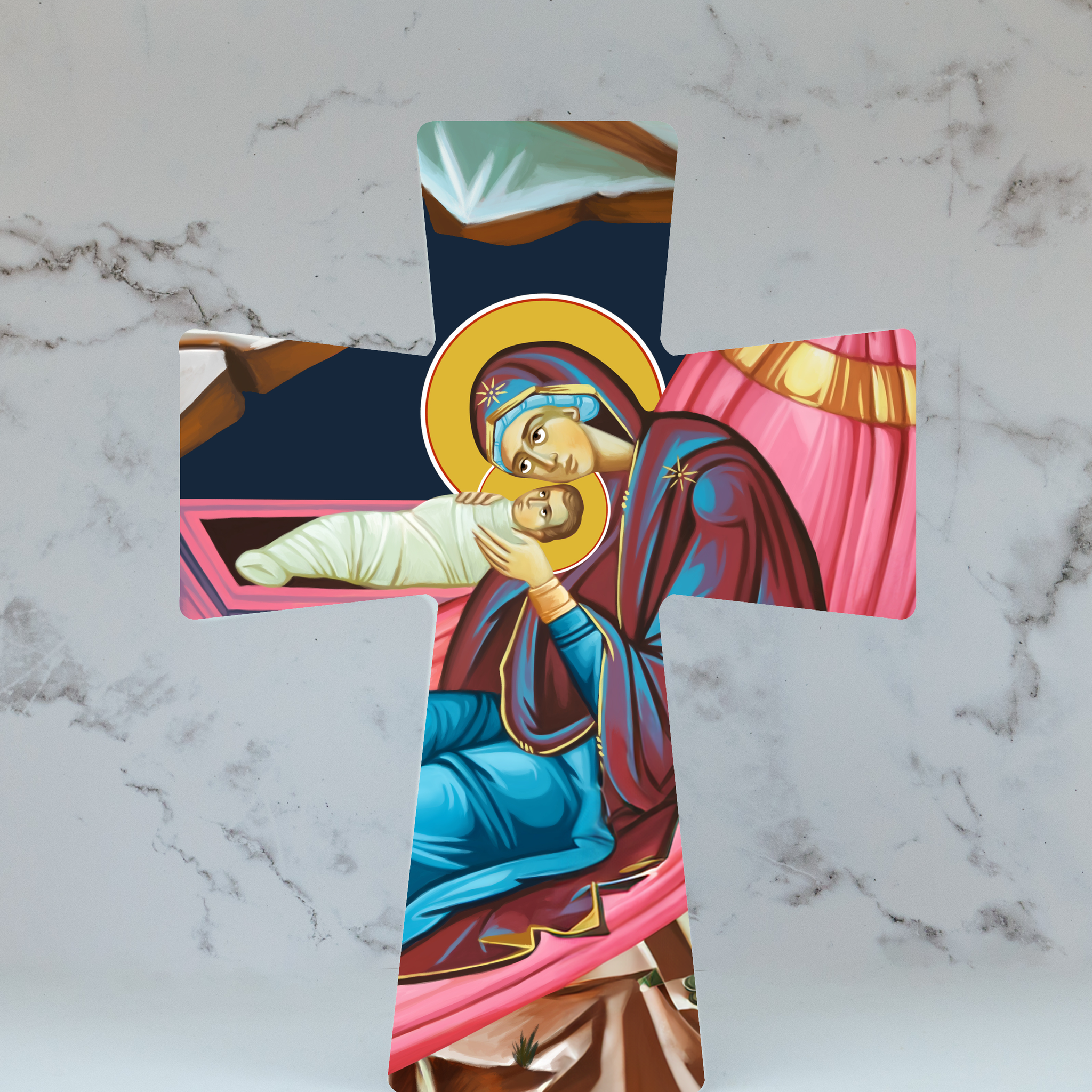 Decorative ceramic cross of Birth of Christ, Nativity. 