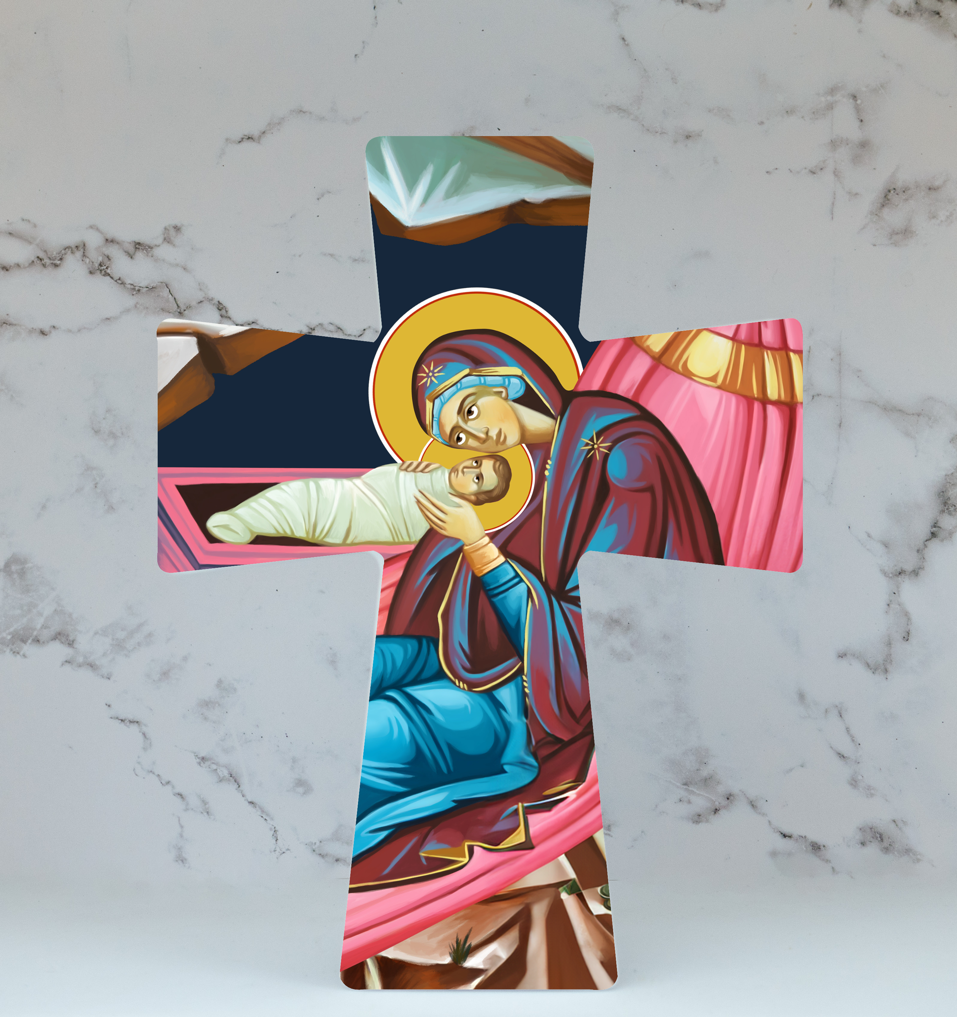 Decorative ceramic cross of Birth of Christ, Nativity. 