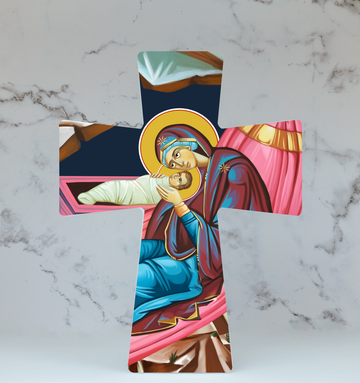 Decorative ceramic cross of Birth of Christ, Nativity. 