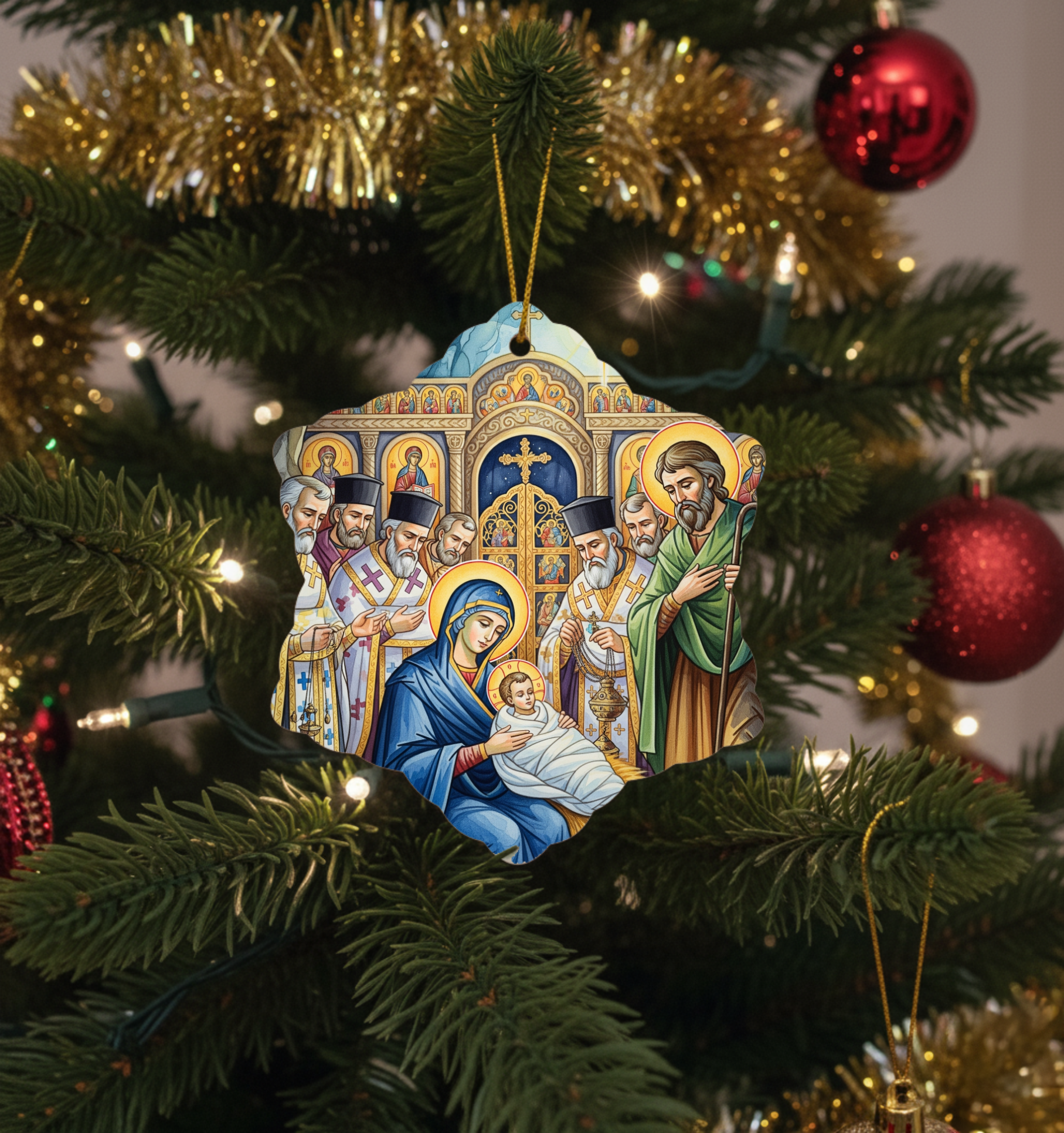 Decorative Christmas ornament with religious scene on a Christmas tree.