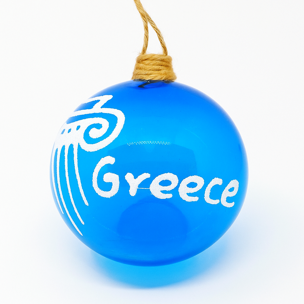 Hand-blown ornament with jute string, perfect Greek festive decoration. Greek glass Christmas bauble with “Greece” text and Ionic column design. 