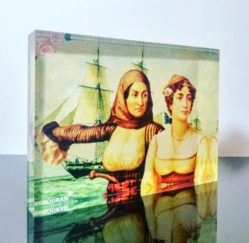 Plexiglass Greek 1821 icon of Bouboulina and Manto Mavrogenous, handmade in Greece.