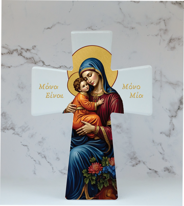 Greek ceramic cross with “Μάνα Είναι Μόνο Μία.” Beautiful Mother’s gift featuring the Virgin Mary and Christ. Handmade in Australia. Perfect for Greek homes.