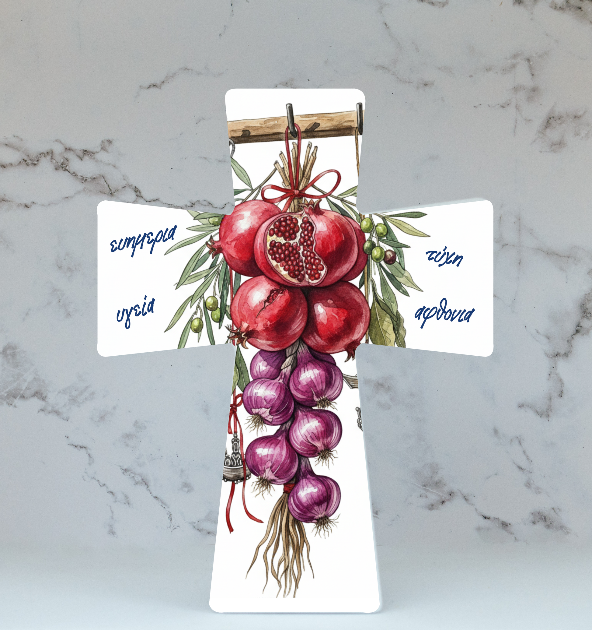 Greek ceramic cross with pomegranates, garlic & olives—symbols of luck, health & abundance. Australian-made wall décor; thoughtful housewarming new-home gift.
