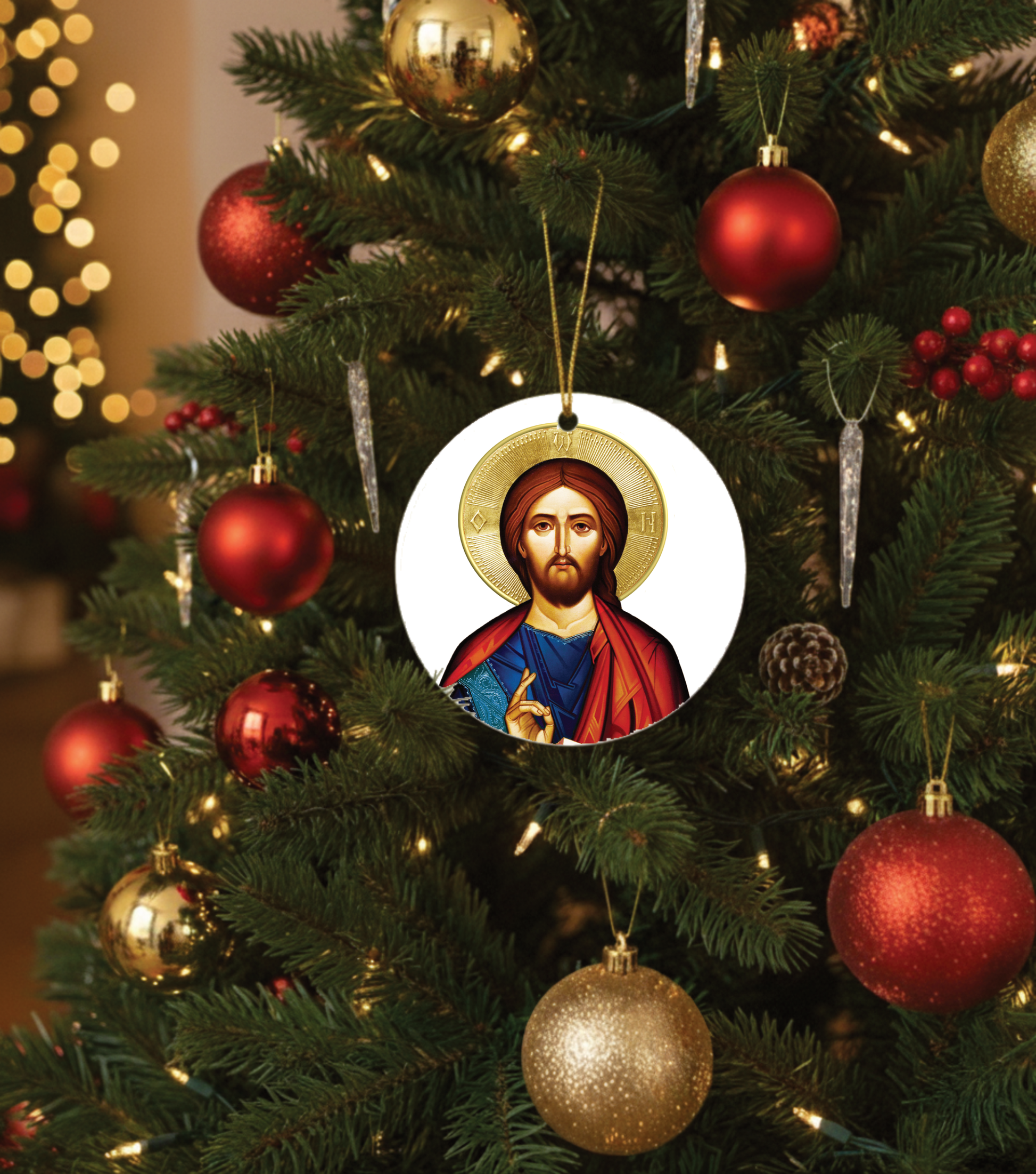 Decorative Christmas ornament of Christ on a Christmas tree.