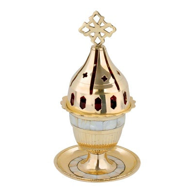 Orthodox brass kantili vigil lamp with mother of pearl detail, 20cm tall, for prayer corner or home altar.