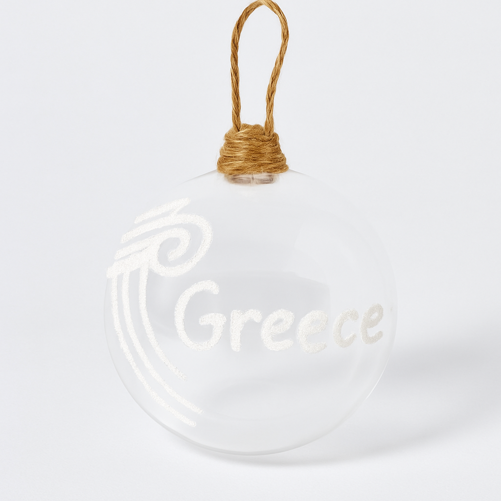 Hand-blown ornament with jute string, perfect Greek festive decoration. Greek glass Christmas bauble with “Greece” text and Ionic column design. 