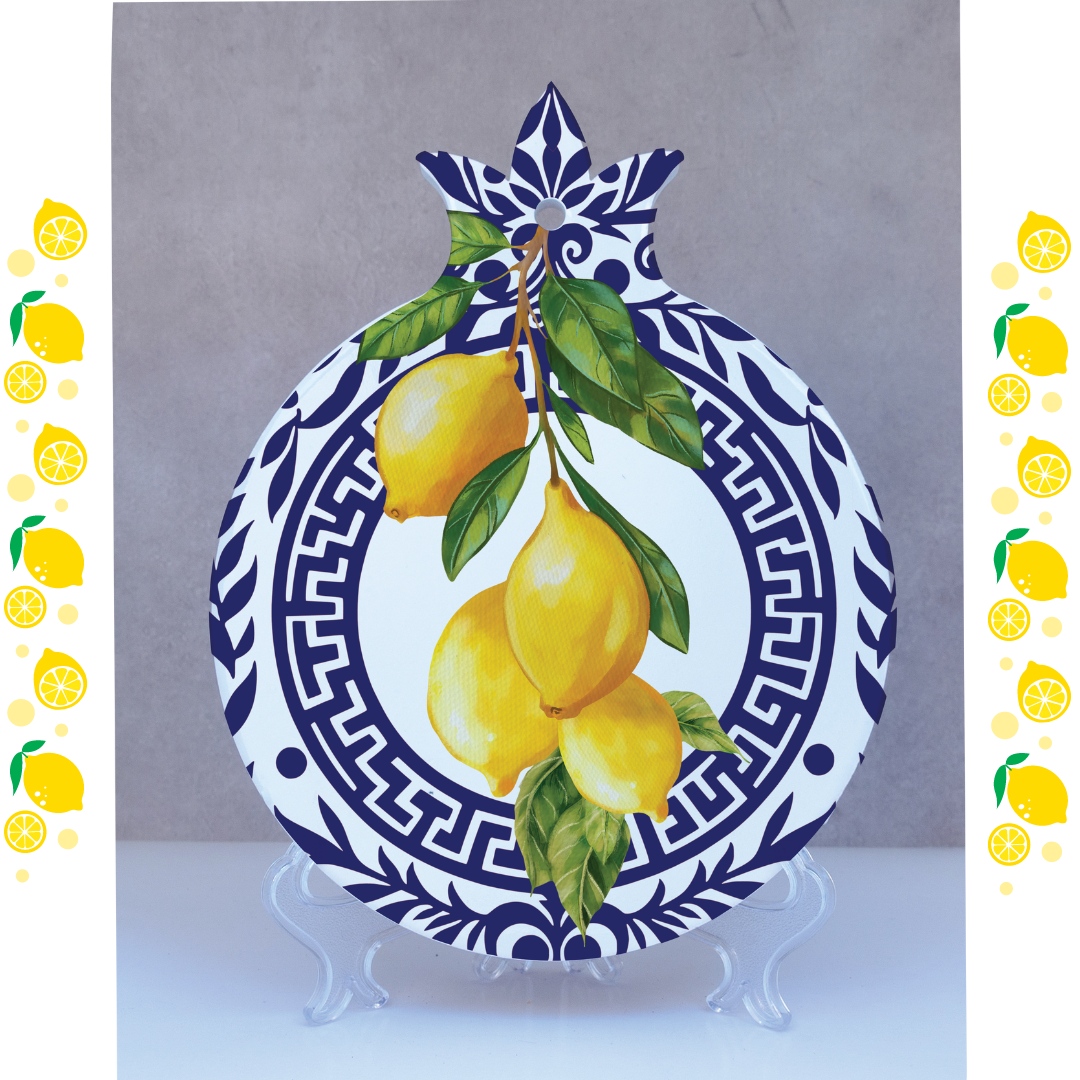 A decorative ceramic trivet with a blue and white geometric pattern around the edge, featuring a central design of yellow lemons and green leaves. Love Your Lemons Decorative Plaque Home - Greek inspirational wall plaque, home or office decor
