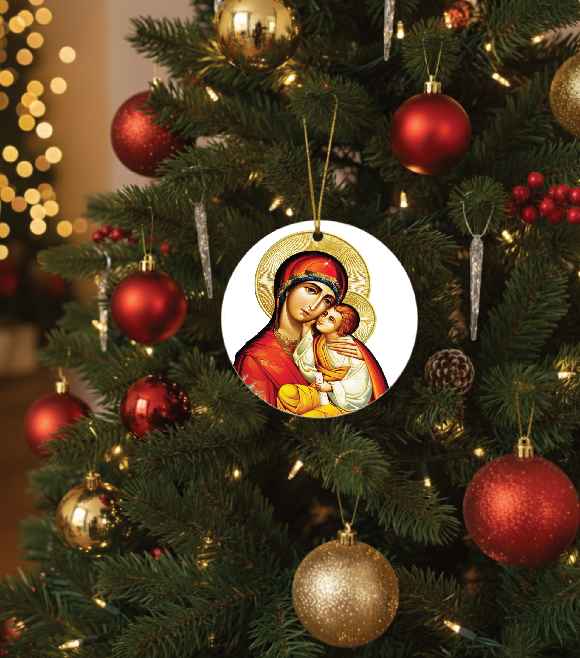 Decorative Christmas ornament featuring the Virgin Mary Panayia on a Christmas tree with red and gold ornaments.
