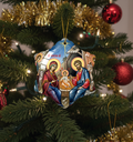 Porcelain star-shaped Christmas ornament featuring Greek religious images. Elegant gift-boxed Greek Christmas decoration from Melbourne Greek Shop.