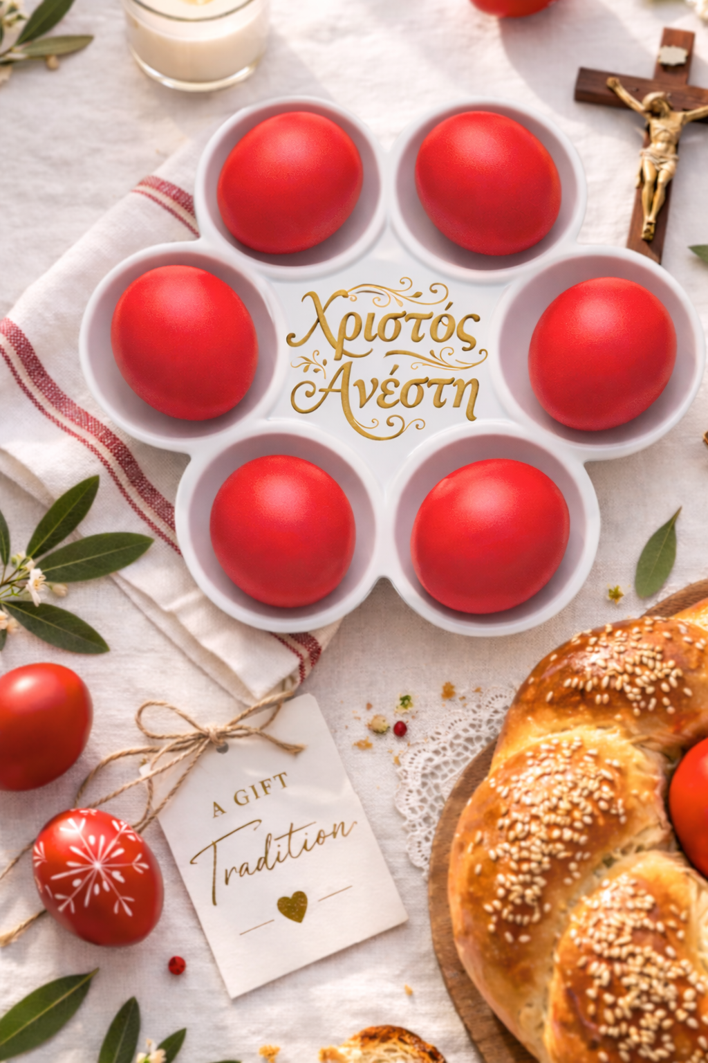 Decorative Easter tray for 12 red eggs available in Greek or English