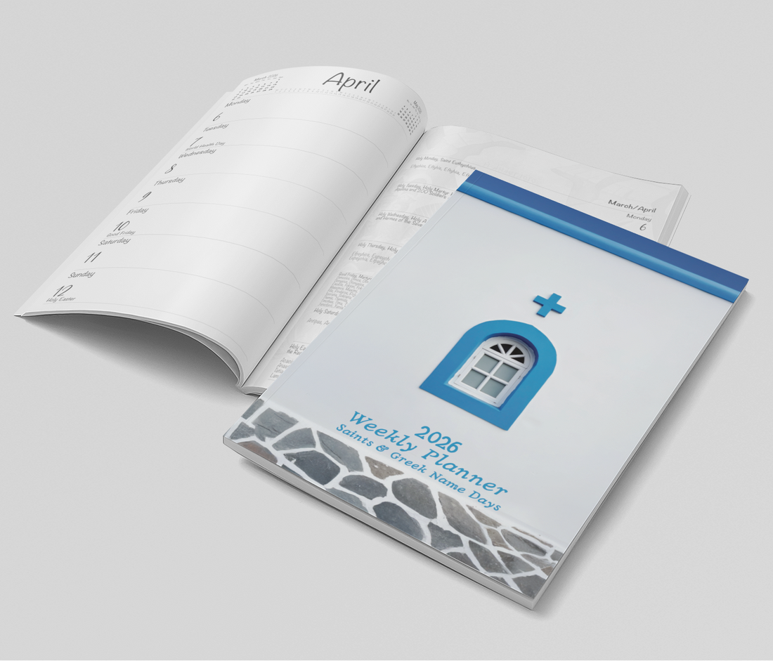 Greek Orthodox Diary Planner featuring Saints on the front cover. Includes name days and feast days. Orthodox Diary Planner available in Greek or English. 
