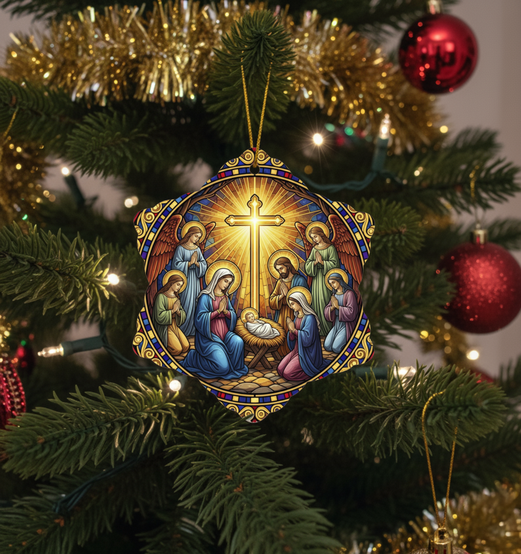 Porcelain star-shaped Christmas ornament featuring Greek religious images. Elegant gift-boxed Greek Christmas decoration from Sydney Greek Shop.