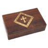 A rectangular walnut wood keepsake box with brass accents and a cross design on the lid.