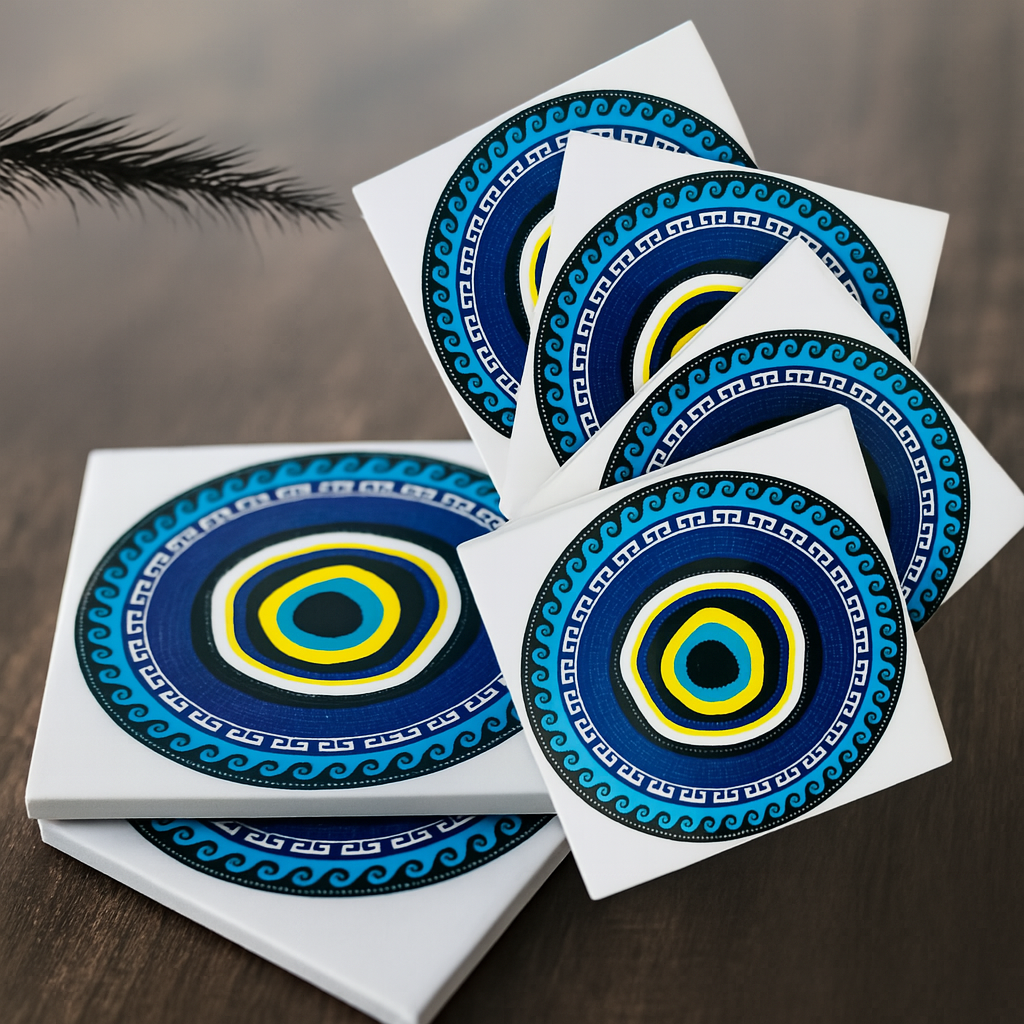 Set of six decorative coasters with evil eye circular patterns on a brown surface.