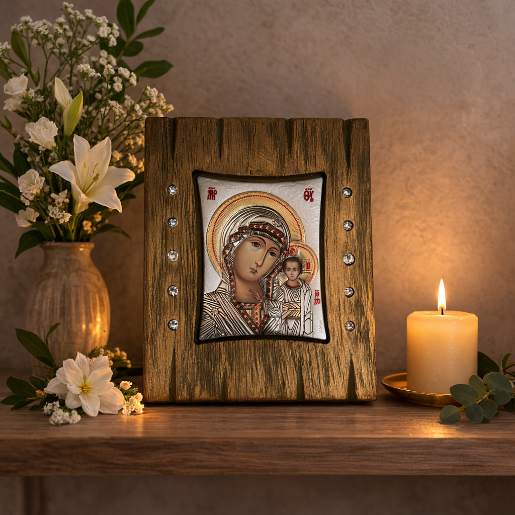 Greek Panayia Megalohari icon on oak wood with 925 silver and authentic Swarovski stones in Natural Oak finish.
