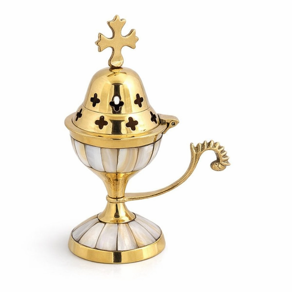 Greek Orthodox thimiato incense burner in brass and mother of pearl, traditional censer for prayer corner