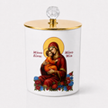 Greek Mother’s Day candle with Mana Einai Mono Mia design, mother and child artwork, gold lid and crystal knob, a meaningful gift for Mum or Yiayia.