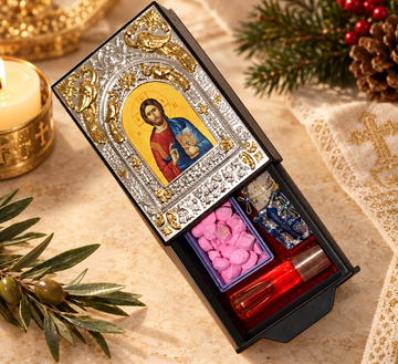 Greek Orthodox Icon Box with Myrrh Oil, Incense & Filahto