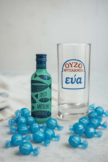 Greek Ouzo Giftbox with Ouzo, Ouzo Glaass and lollies. Made in Greece
