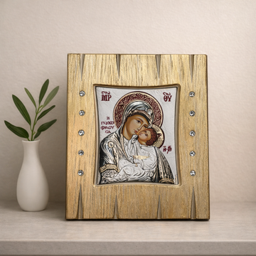 Panayia Glikofilousa Icon on Oak Wood with 925 Silver & Swarovski Stones