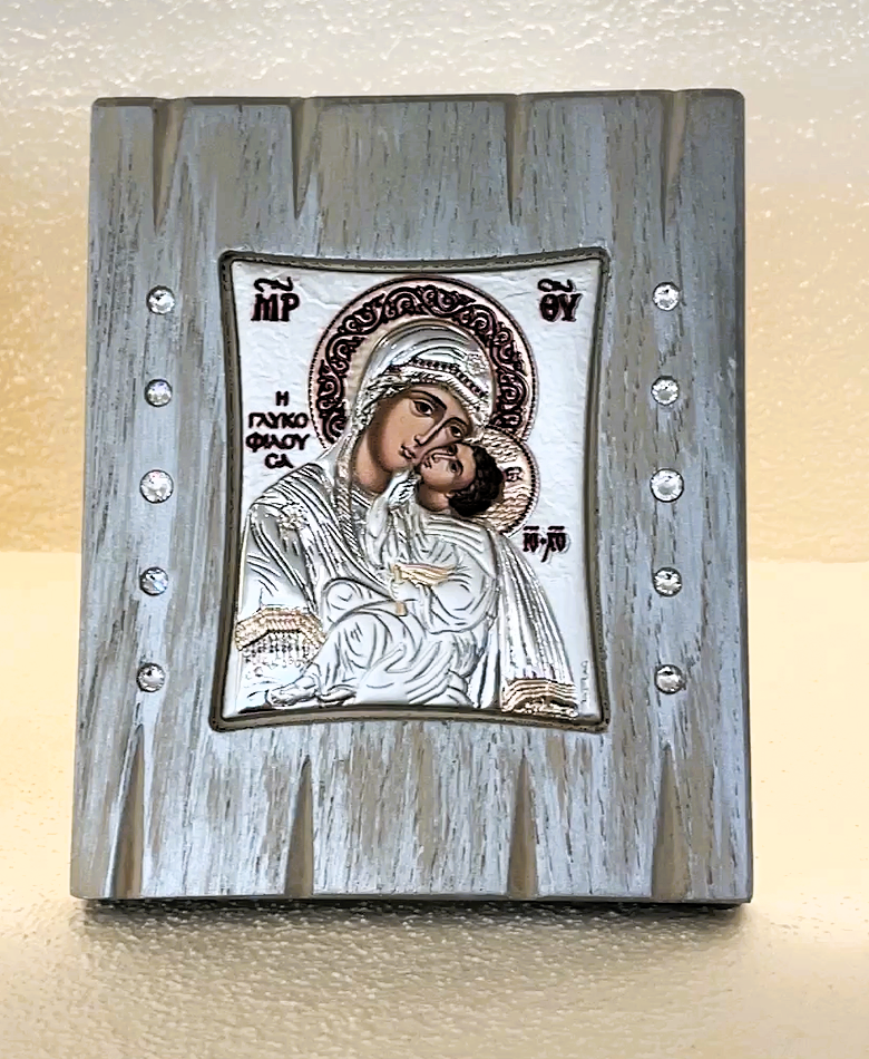 Panayia Glikofilousa Icon on Oak Wood with 925 Silver & Swarovski Stones