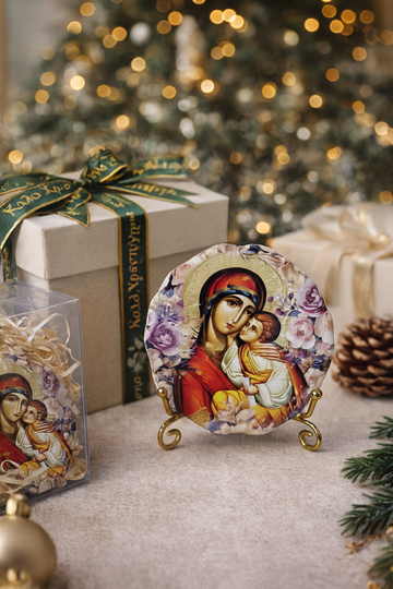Mini Ceramic Orthodox Icon Plate – Christian Christmas Gift on Gold Stand