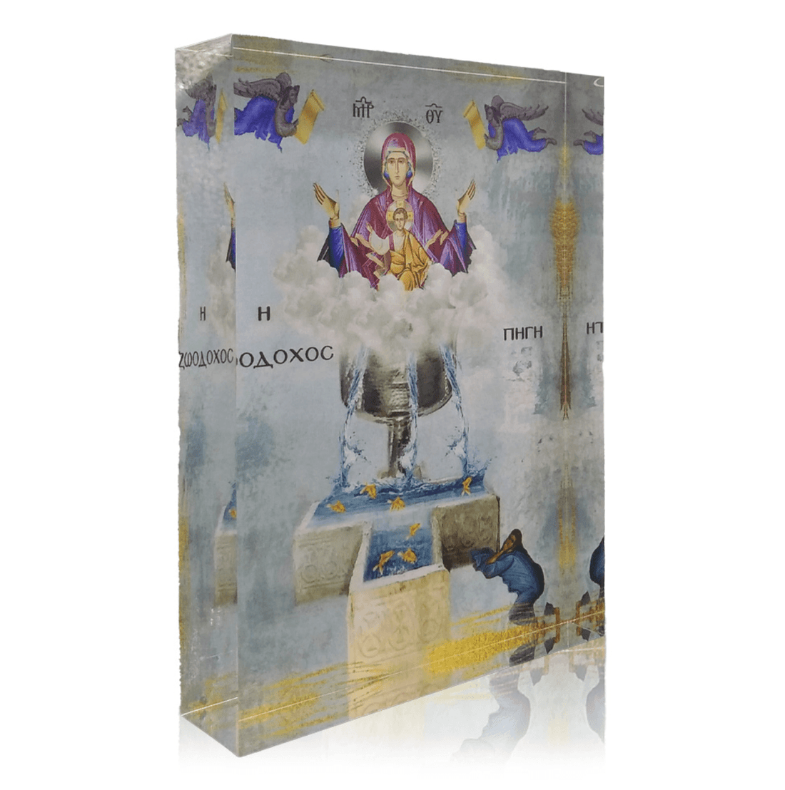 A plexiglass icon featuring an image of the Virgin Mary with a blue and gold background, handcrafted in Greece.