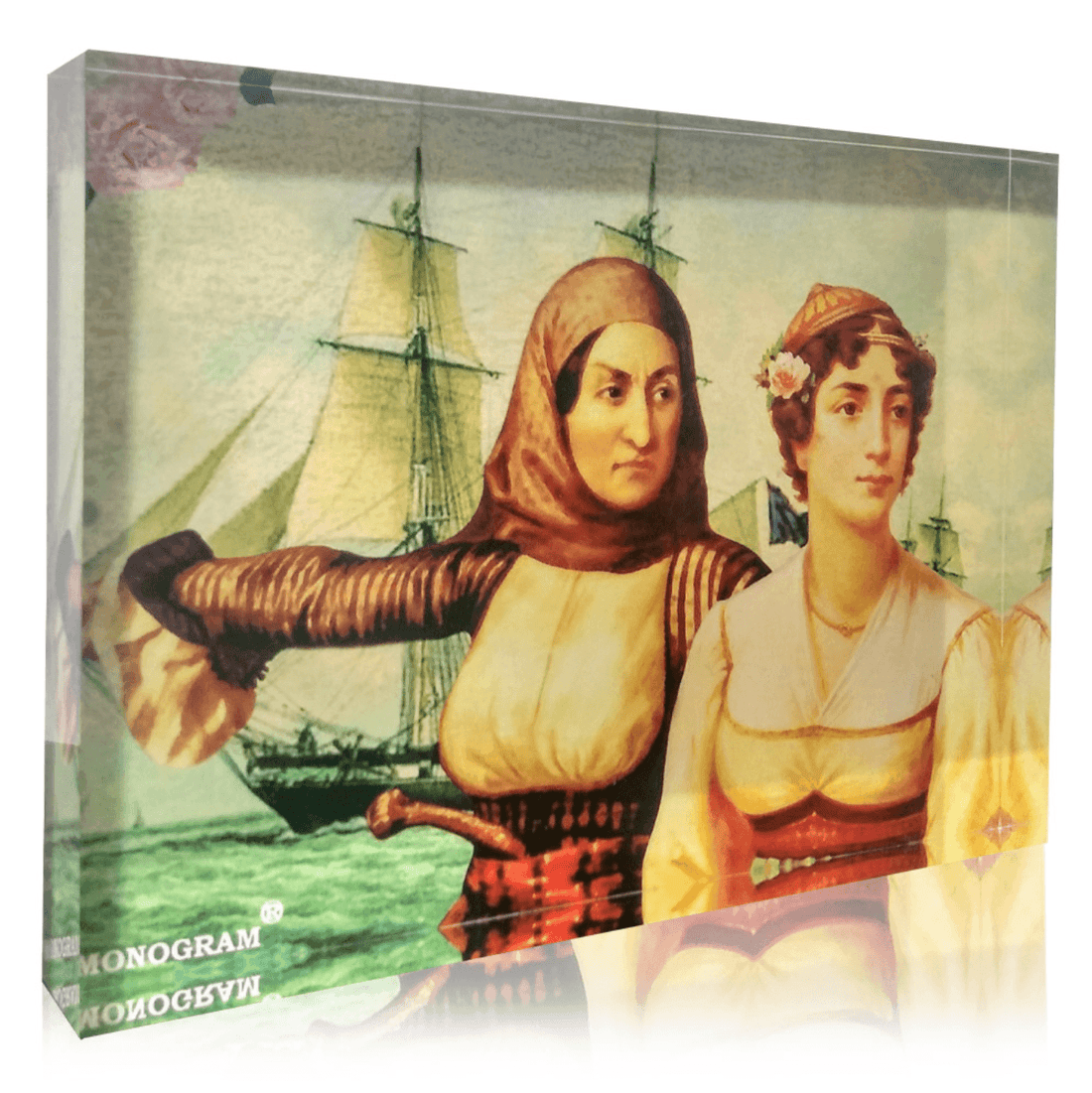 A handcrafted plexiglass icon featuring historical figures Bouboulina and Manto with a 3D effect, made in Greece.