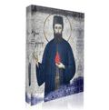 An icon of Saint Ephraim, featuring a portrait of the saint holding a red heart and a staff, with a decorative background.