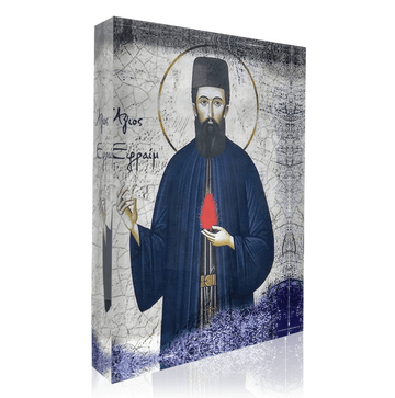An icon of Saint Ephraim, featuring a portrait of the saint holding a red heart and a staff, with a decorative background.
