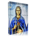 A handcrafted icon of Saint Barbara, featuring a female figure in blue robes with a halo, holding a cross, designed with a 3D effect on plexiglass.