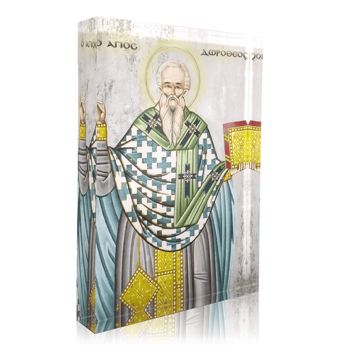 Icon of Saint Dorotheos, featuring a detailed and colorful depiction of the saint in a framed glass display.