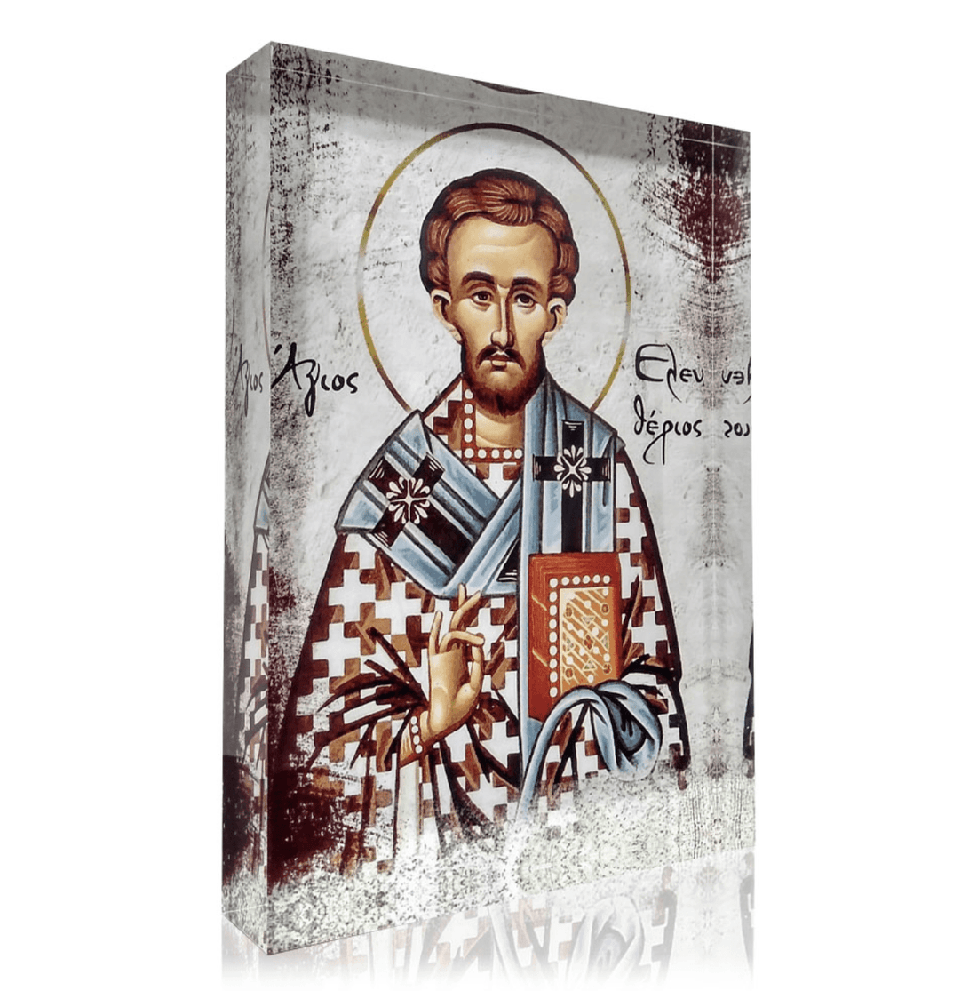 A handcrafted icon of Saint Eleftherios, featuring a 3D effect, with monochrome and color elements on a plexiglass panel.