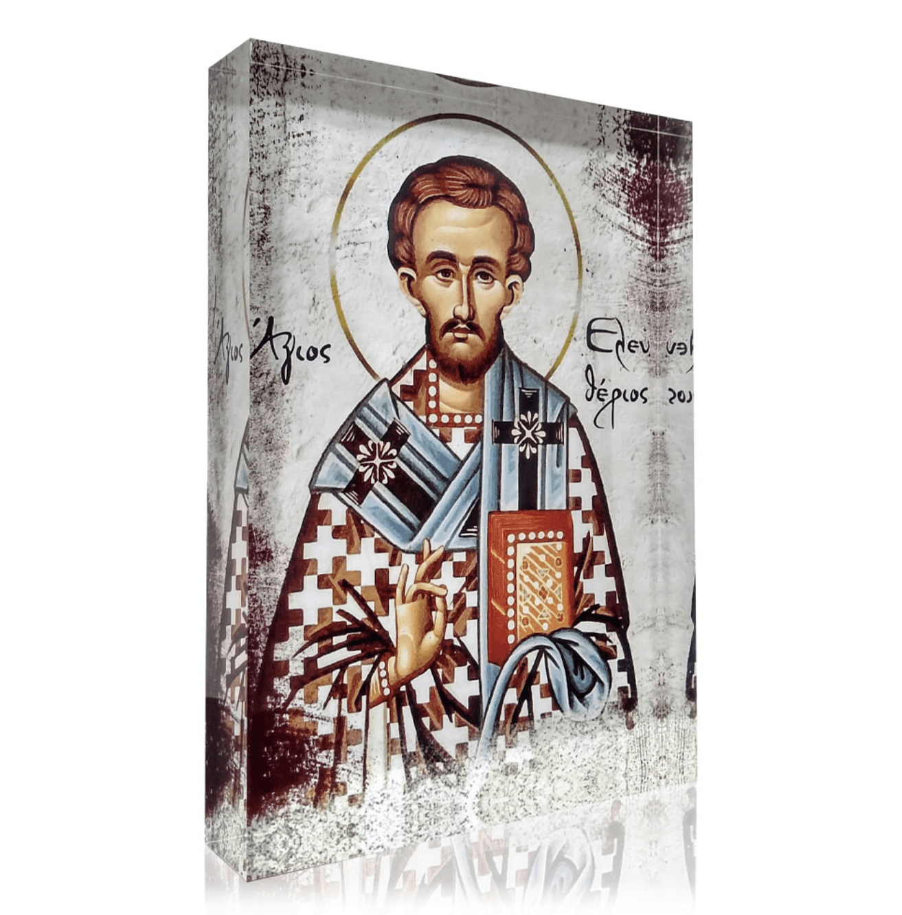 A handcrafted icon of Saint Eleftherios, featuring a 3D effect, with monochrome and color elements on a plexiglass panel.