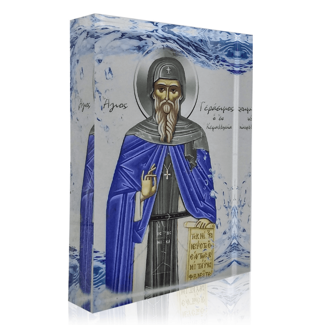 A plexiglass icon of Saint Gerasimos, featuring a blue and silver robe, with intricate details and text.
