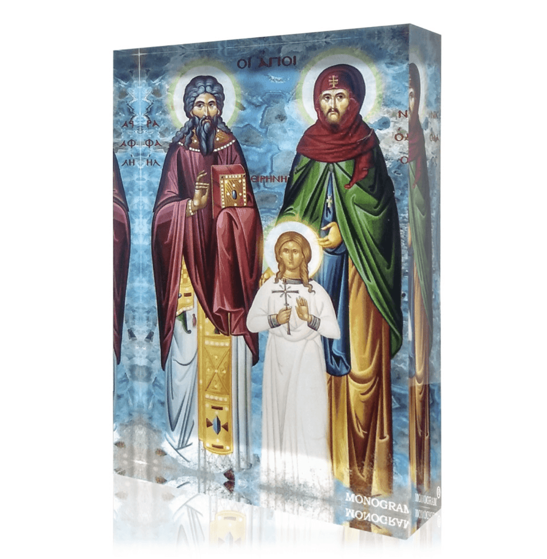 A boxed icon featuring Saints Raphael, Nikolaos, and Irini with a 3D effect on a blue background.